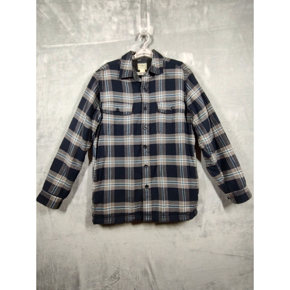 LL Bean Mens S Regular Fleece Lined Flannel Shirt Jacket Plaid Navy‎ 298189